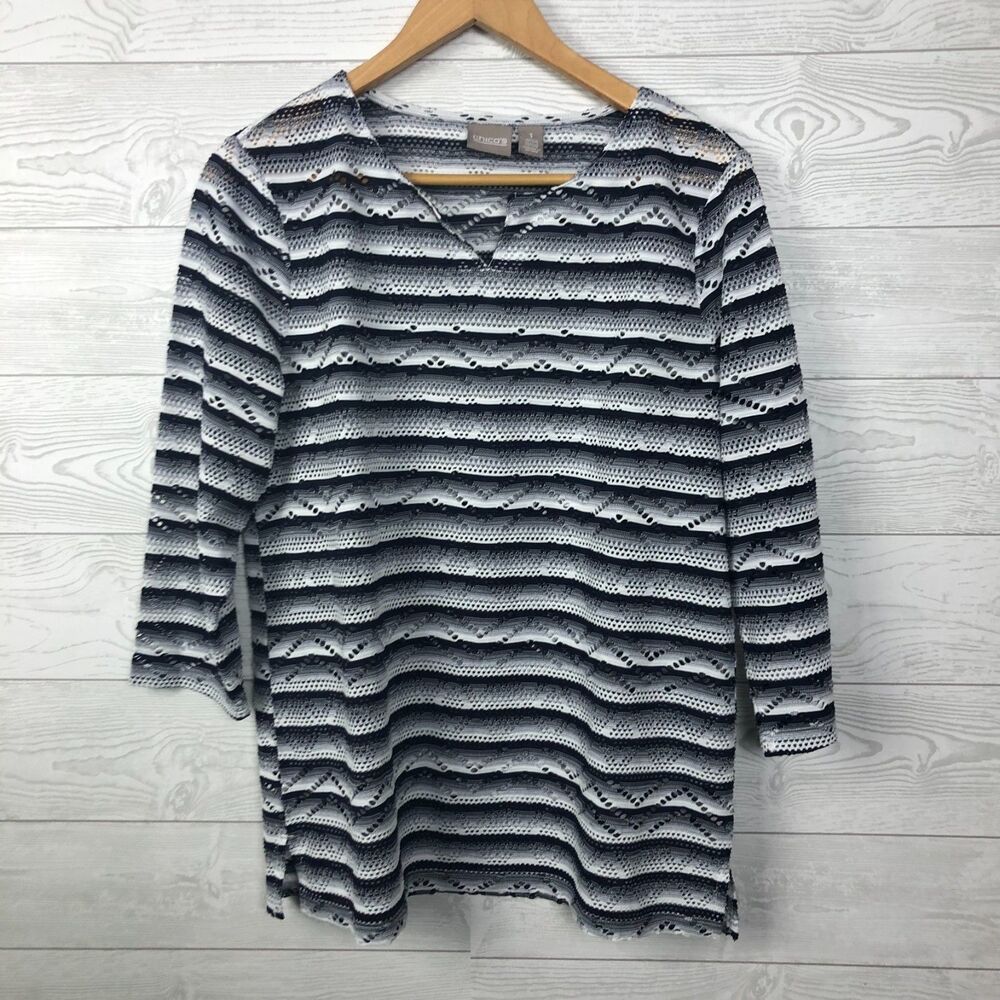 Chico's Women's Size 1/Medium Striped Open Knit Top V Neck 3/4 Sleeve Shirt